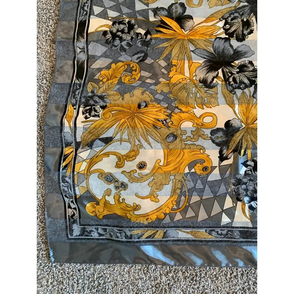 Gray Gold Cream Silky Scarf Stripe Regency Floral Scroll Pattern 40